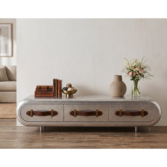Aviator Cabinet with Riveted Aluminum Finish, Faux Leather-Style Handles Rounded Edges Industrial Storage Console table, Sideboard for Living Room, Bedroom, Entryway, Hallway or Office Dcor