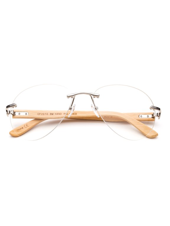 Aviator Clear Lens Glasses with Bamboo Temple Oversized Frameless Clear Lens UV Protection for Men & Women