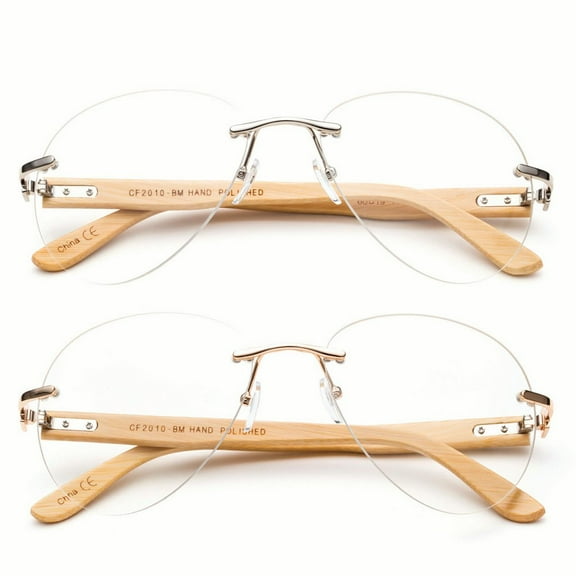 Aviator Clear Lens Glasses with Bamboo Temple Oversized Frameless Clear Lens UV Protection for Men & Women