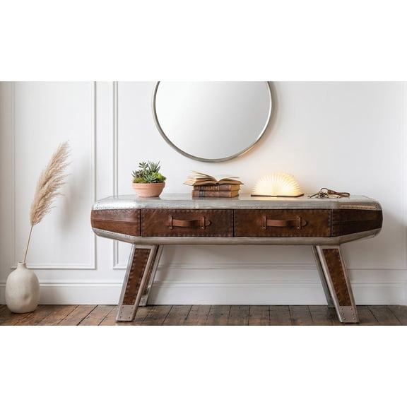 Aviator Console Table, Industrial Console Table, Entryway Table, Patchwork Aluminum Table, Leather Drawers