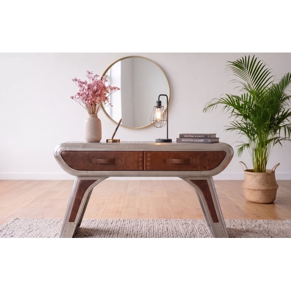 Aviator Console Table Patchwork Aluminum Brown Leather Accent Livingroom Furniture