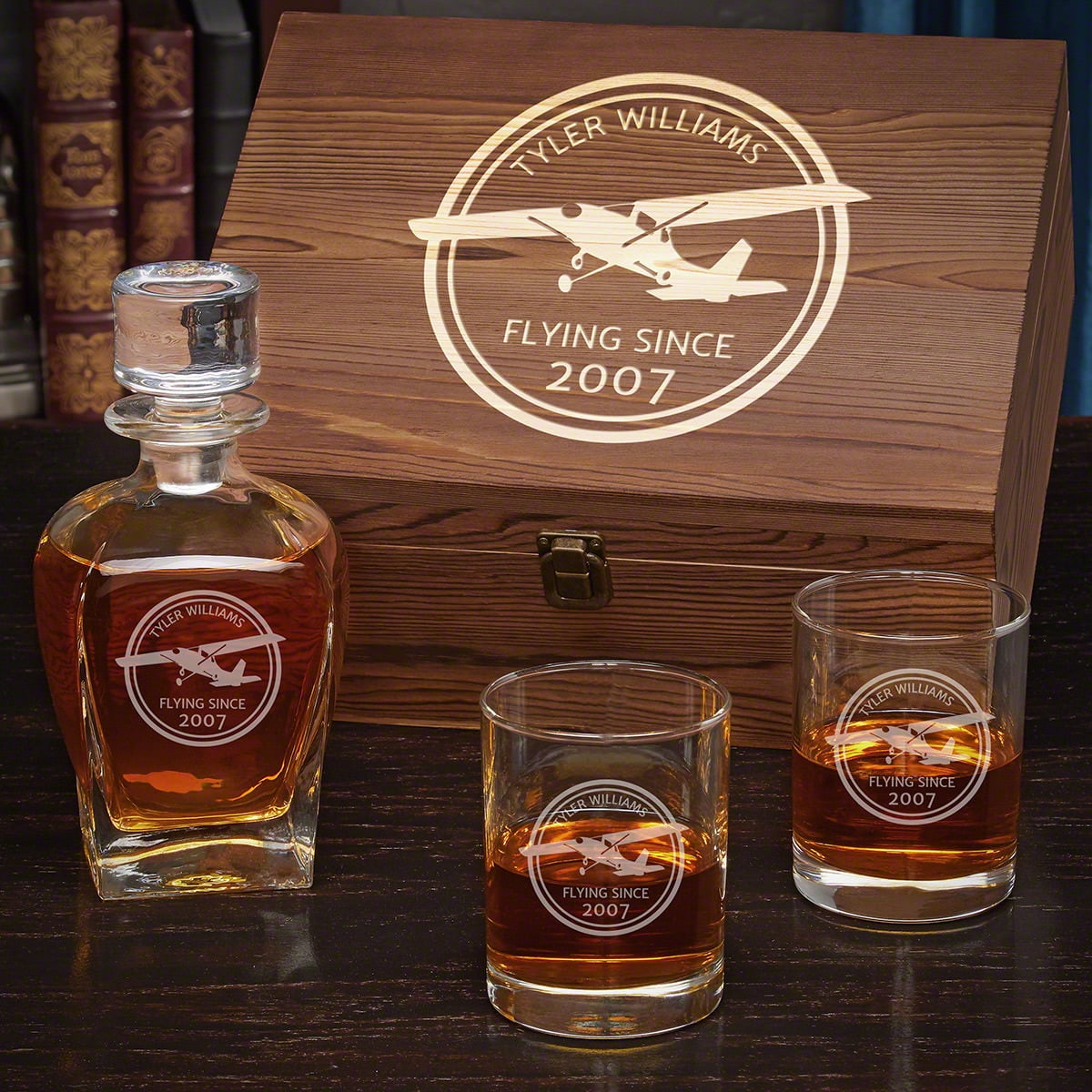 HomeWetBar Aviator Custom Draper Whiskey Decanter Box Set, Wood, 12.25×10×5.5 in