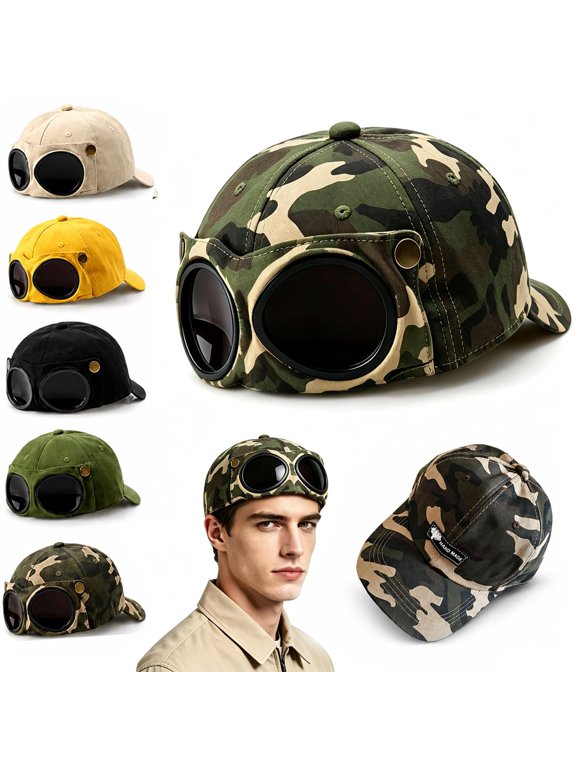 Aviator Goggle Baseball Cap, Vintage Goggle Hats, Attached Sunglasses, Curved Visor, Casual Style, Goggle Caps