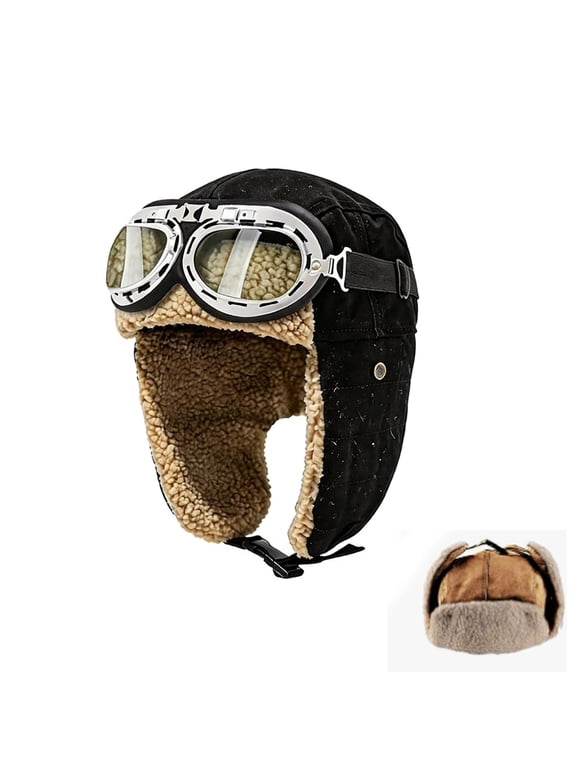 Aviator Hat with Goggles for Men Women, Vintage Pilot Winter Trapper Hat, Vintage Pilot Style, Faux Fur Ear Flaps and Detachable Goggles for Cosplay, Halloween Parties and Cold-weather Outings
