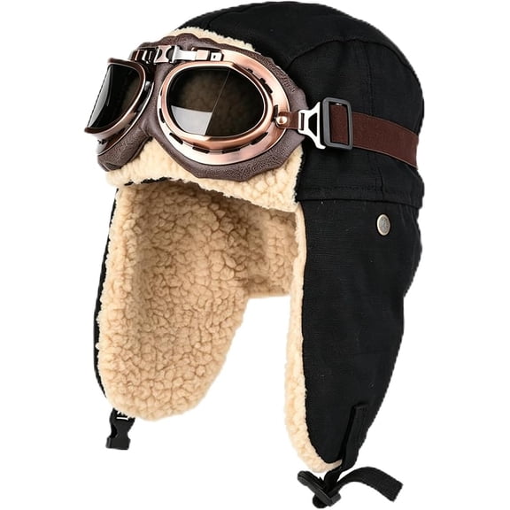 Aviator Hat with Goggles, Warm Winter Trapper Hat with Ear Flaps,Faux Fur Warmth, Full Ear Coverage, Retro Pilot Style, Unisex Winter Wear, Outdoor Cold Weather(Black)