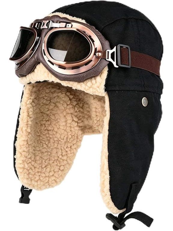 Aviator Hat with Goggles, Warm Winter Trapper Hat with Ear Flaps,Faux Fur Warmth, Full Ear Coverage, Retro Pilot Style, Unisex Winter Wear, Outdoor Cold Weather(Black)