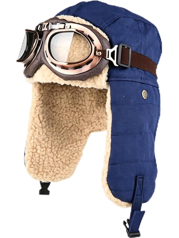 Aviator Hat with Goggles, Warm Winter Trapper Hat with Ear Flaps,Faux Fur Warmth, Full Ear Coverage, Retro Pilot Style, Unisex Winter Wear, Outdoor Cold Weather(Blue)