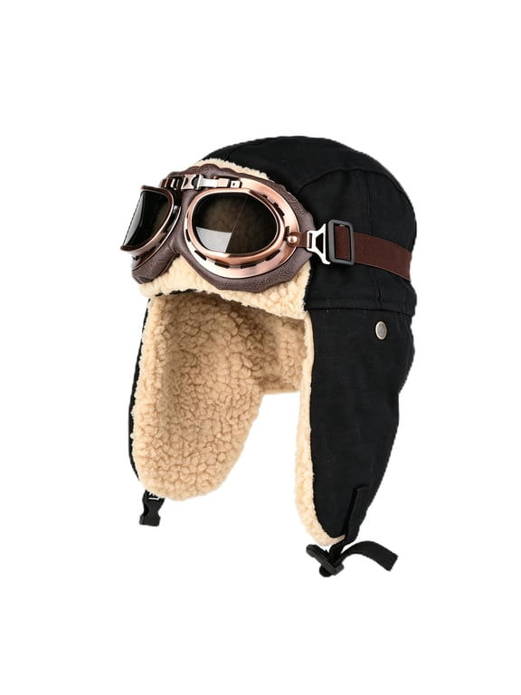 Aviator Hat with Goggles, Warm Winter Trapper Hat with Ear Flaps,Faux Fur Warmth, Full Ear Coverage, Retro Pilot Style, Unisex Winter Wear, Outdoor Cold Weather