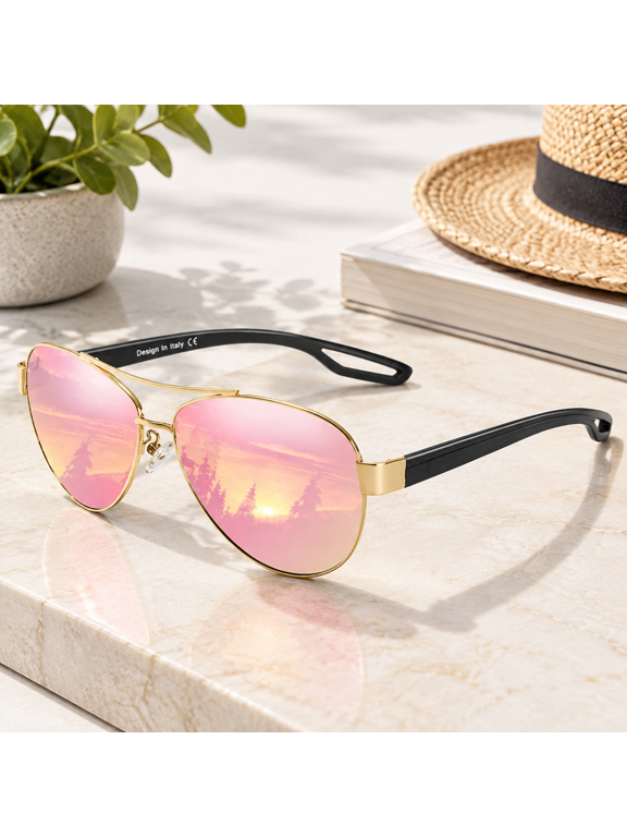 Aviator Polarized Sunglasses, Pink Mirror Lens, 59mm for Small Face, UV400 Protection