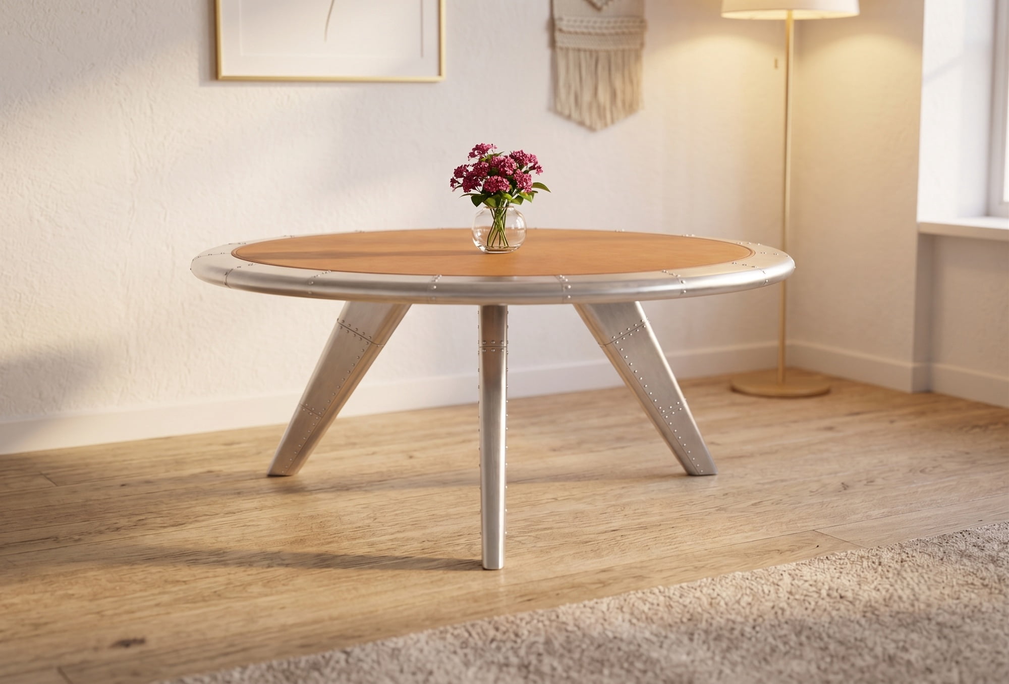 Aviator Round Coffee Table Industrial Aluminum & Leather Accent Center Table with Exposed Rivet Detail