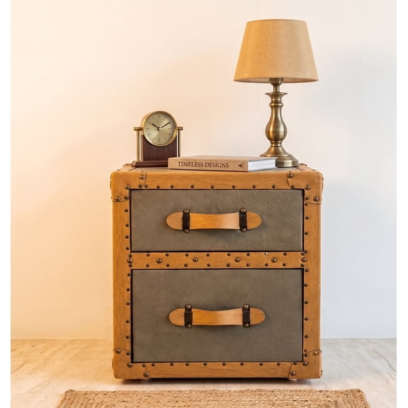 Aviator Side Table, Retro Trunk Nightstand End Table with Faux Leather Trim & Rivet Details for Bedroom & Living Room
