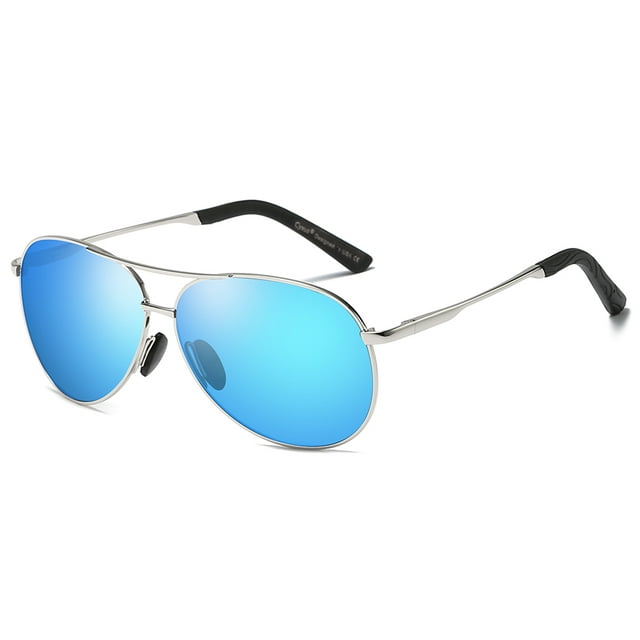 Aviator Spring Hinges Polarized Sunglasses Anti Glare UV for Driving Hiking Outdoors, Silver Frame Blue Lens