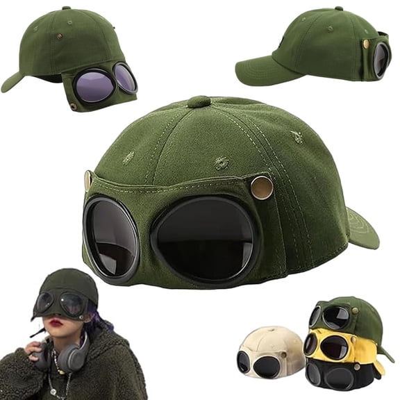 Aviator Style Baseball Cap with Integrated Goggles, Vintage Goggles Hat | Retro Aviator Baseball Cap, Adjustable Unisex Fit, Lightweight Design For Cosplay, Outdoor Wear And Daily Fashion(Green)