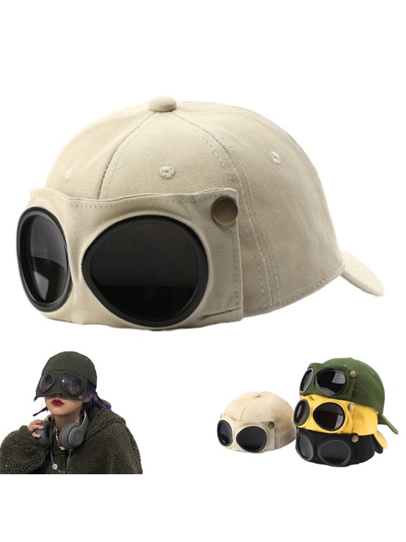 Aviator Style Baseball Cap with Integrated Goggles, Unique Cat Ear Cap for Men and Women