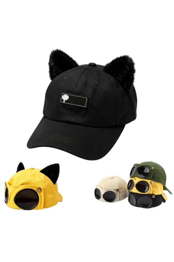 Aviator Style Baseball Cap with Integrated Goggles, Unique Cat Ear Cap for Men and Women