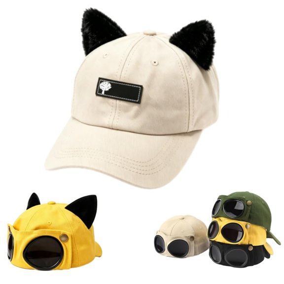 Aviator Style Baseball Cap with Integrated Goggles, Unique Cat Ear Cap for Men and Women
