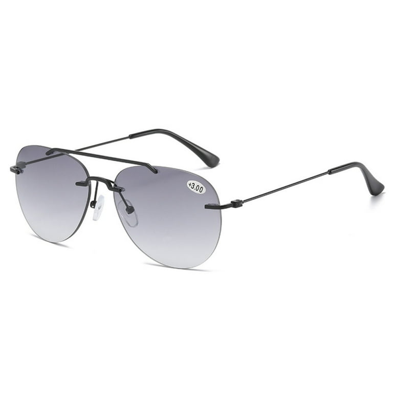 Aviator Style Gray Rimless Bifocal Sunglasses Reading Glasses for Men Women Oversized Presbyopia Glasses Metal Shades UV Protection Readers 3.00