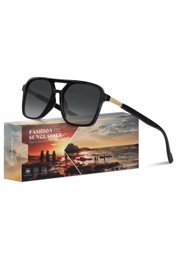 Aviator Sunglasses for Women Men, Trendy Rectangle Womens Sunglasses UV400 Protection Sun Glasses（Black/Gradient Gray）