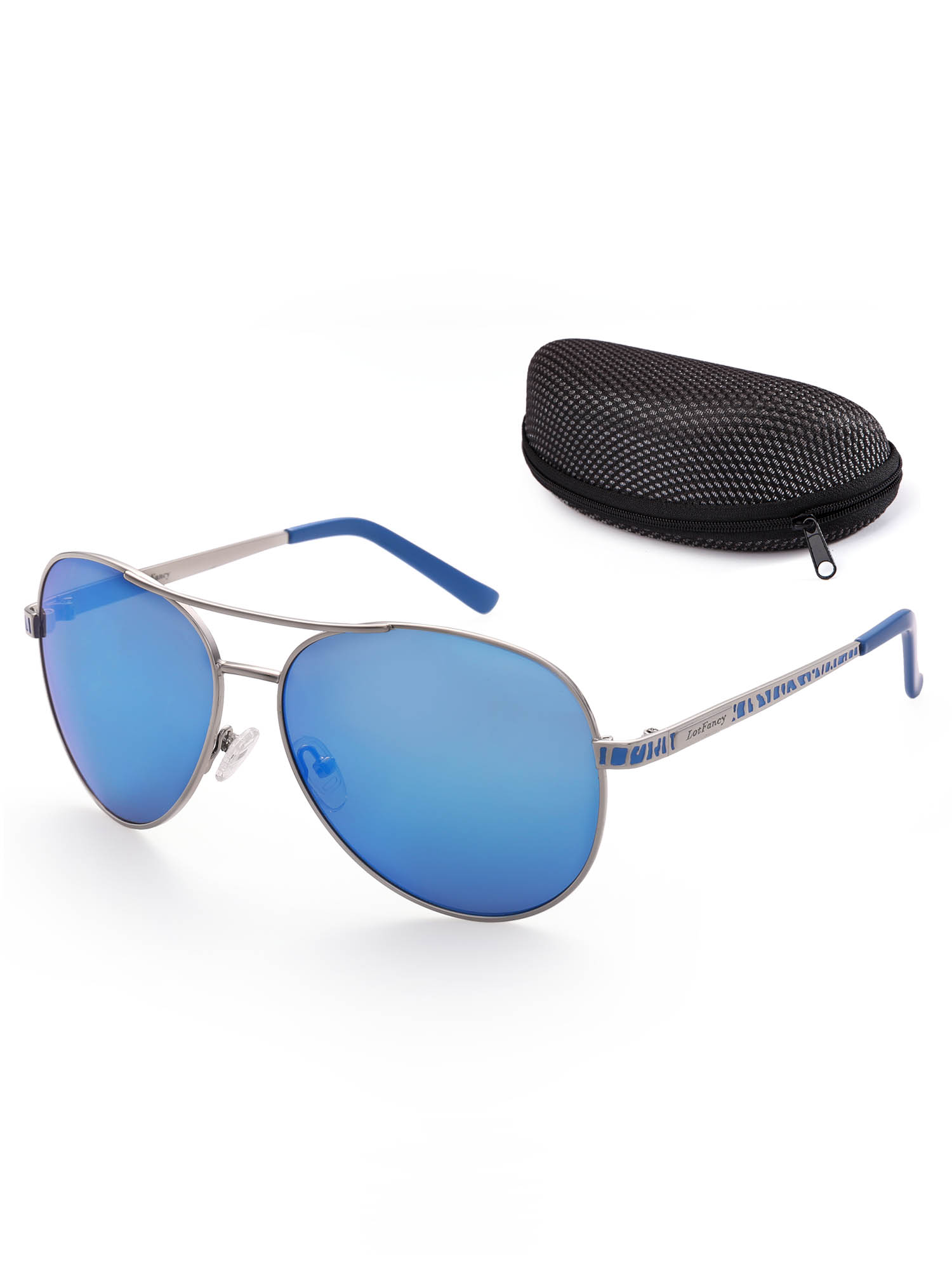 Aviator Sunglasses for Women with Case, Blue Mirrored, 61mm - image 1 of 10