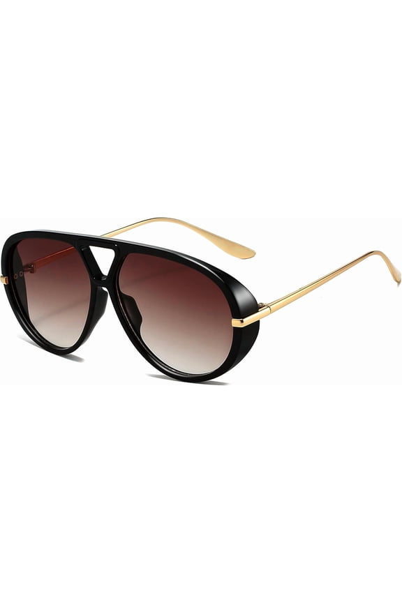 Aviator Sunglasses with Cutout Bridge, Black Frame, Gold Metal Arms, Gradient Brown Lens