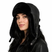 Aviator Trapper Ushanka Genuine Shearling Hat for Men & Women Sheepskin Leather Winter Bomber Hat with Ear Flaps US, Alpha, Large, Black
