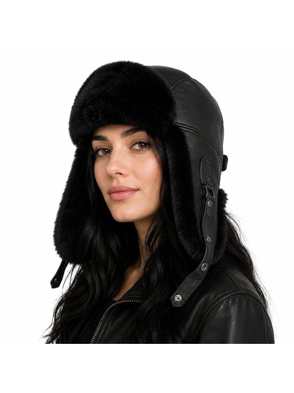 Aviator Trapper Ushanka Genuine Shearling Hat for Men & Women Sheepskin Leather Winter Bomber Hat with Ear Flaps (US, Alpha, Large, Black)