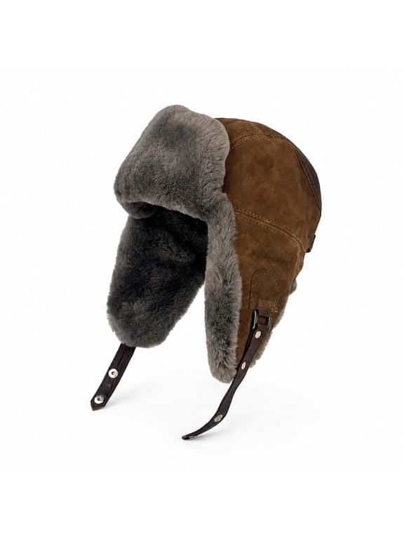 Aviator Trapper Ushanka Genuine Shearling Hat for Men & Women Sheepskin Leather Winter Bomber Hat with Ear Flaps (US, Alpha, Large, Brown)