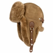 Aviator Trapper Ushanka Genuine Shearling Hat for Men & Women Sheepskin Leather Winter Bomber Hat with Ear Flaps US, Alpha, Large, Tan