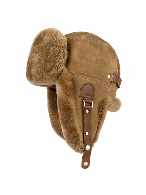 Aviator Trapper Ushanka Genuine Shearling Hat for Men & Women Sheepskin Leather Winter Bomber Hat with Ear Flaps (US, Alpha, Large, Tan)