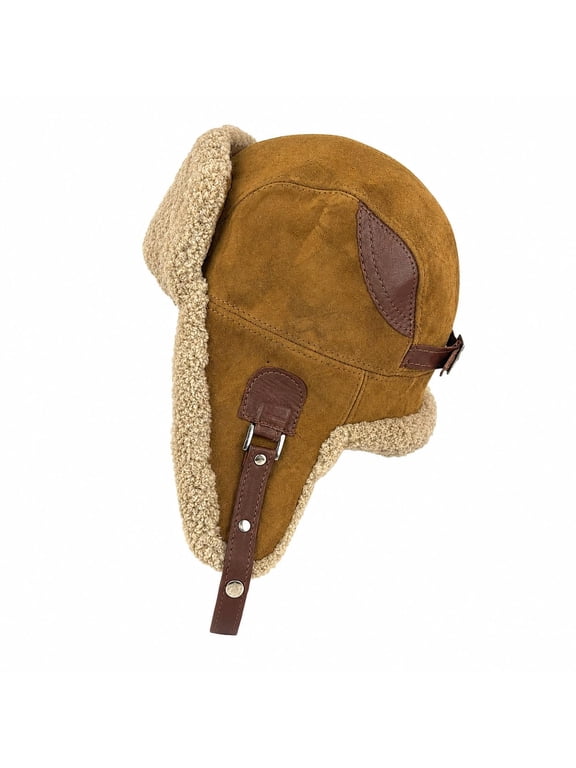 Aviator Trapper Ushanka Genuine Shearling Hat for Men & Women Sheepskin Leather Winter Bomber Hat with Ear Flaps (US, Alpha, Medium, Camel)