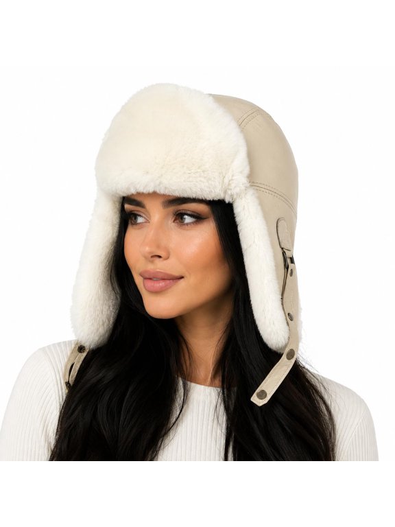 Aviator Trapper Ushanka Genuine Shearling Hat for Men & Women Sheepskin Leather Winter Bomber Hat with Ear Flaps (US, Alpha, Medium, White)