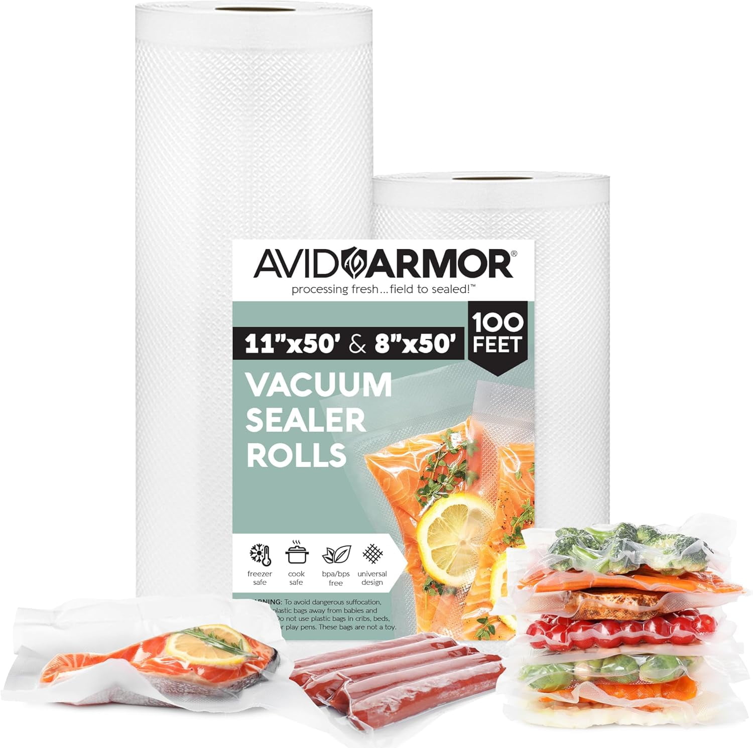 Avid Armor 11" x 50' and 8" x 50' Vacuum Sealer Bags, Universal Vacuum Seal Bags, Food Saver Rolls for Sealer