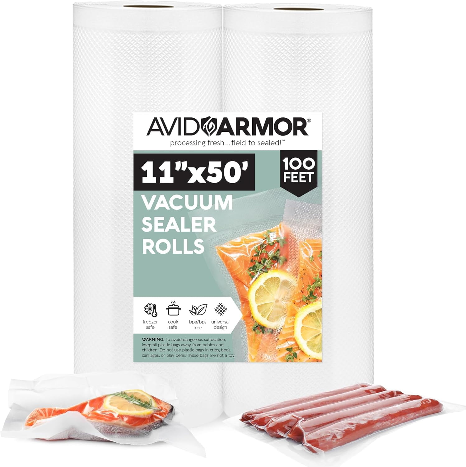 Avid Armor Vacuum Sealer Bags, 11" x 50' Vacuum Seal Bags for Food, 2 Count Food Saver Rolls