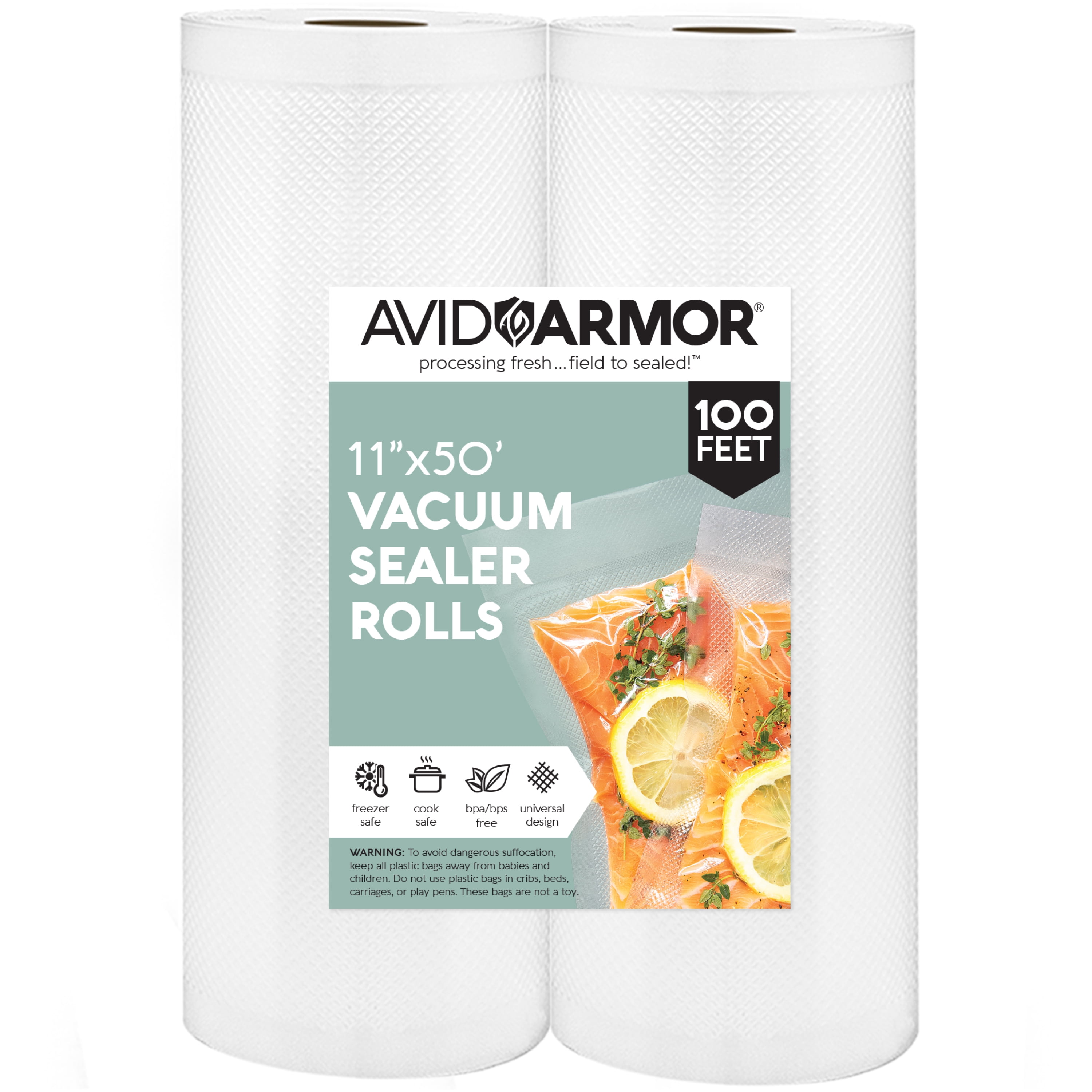 Avid Armor 2 Pack 11 x 50' (100 Total Feet) Food Vacuum Sealer Bag Rolls,  Heavy Duty BPA Free Food Saver Rolls, Freezer Safe Vacuum Seal Bags,  Compatible with Any Vacuum Sealer 