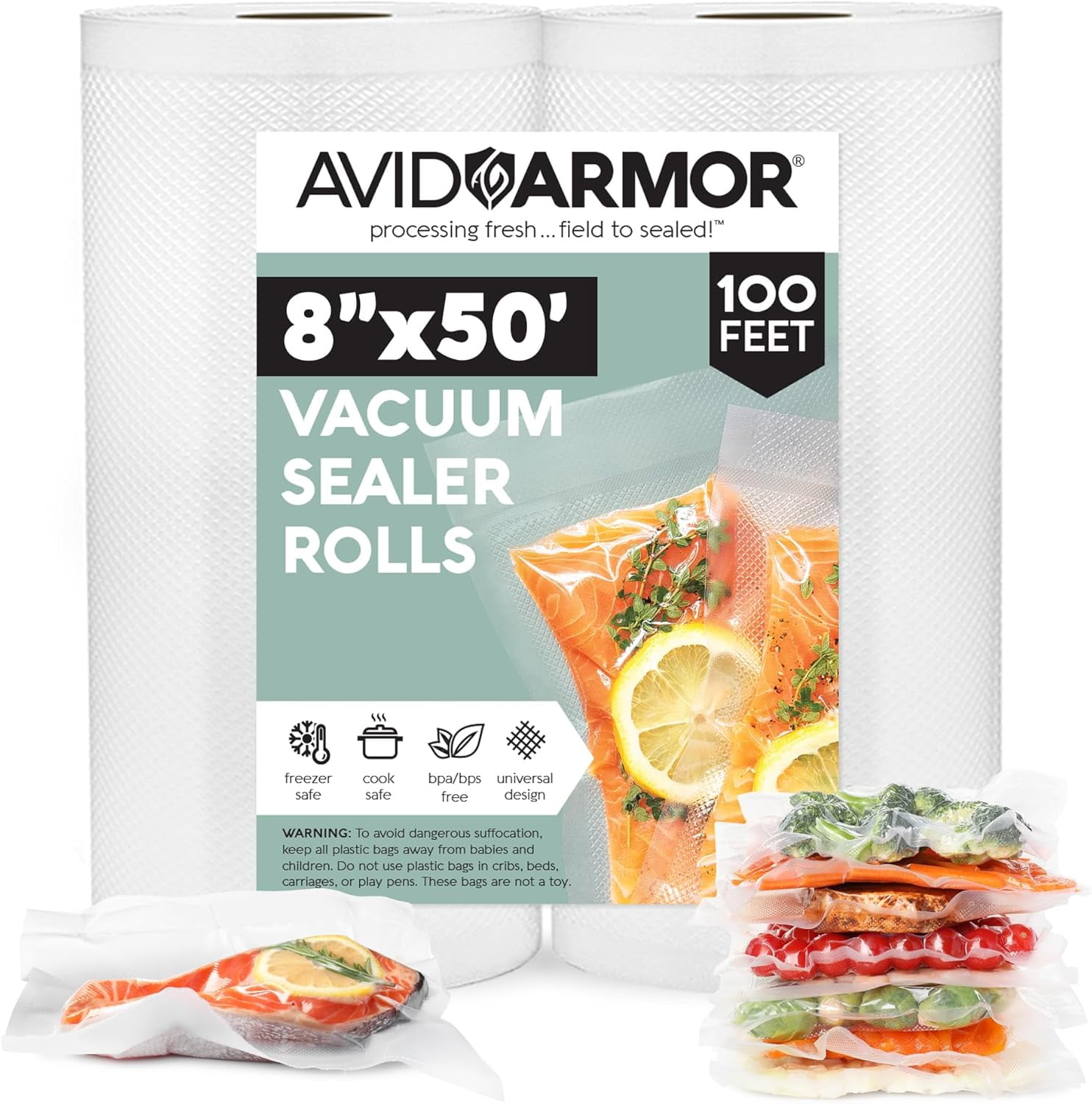 Avid Armor Vacuum Seal Bags, 8"x50' Vacuum Sealer Rolls, BPA Free Food Saver Bags for Sealer, 2 Pack