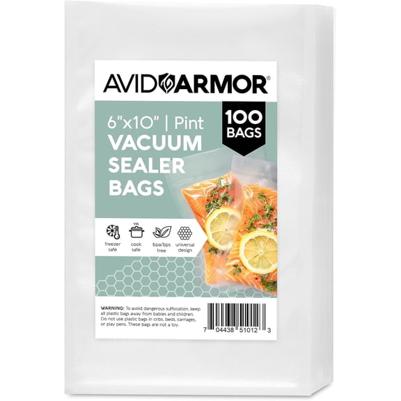 Avid Armor Pre-Cut Vacuum Seal Bags for Food, 100 6"x10" Pint Vacuum Sealer Bags, Compatible with Food Saver