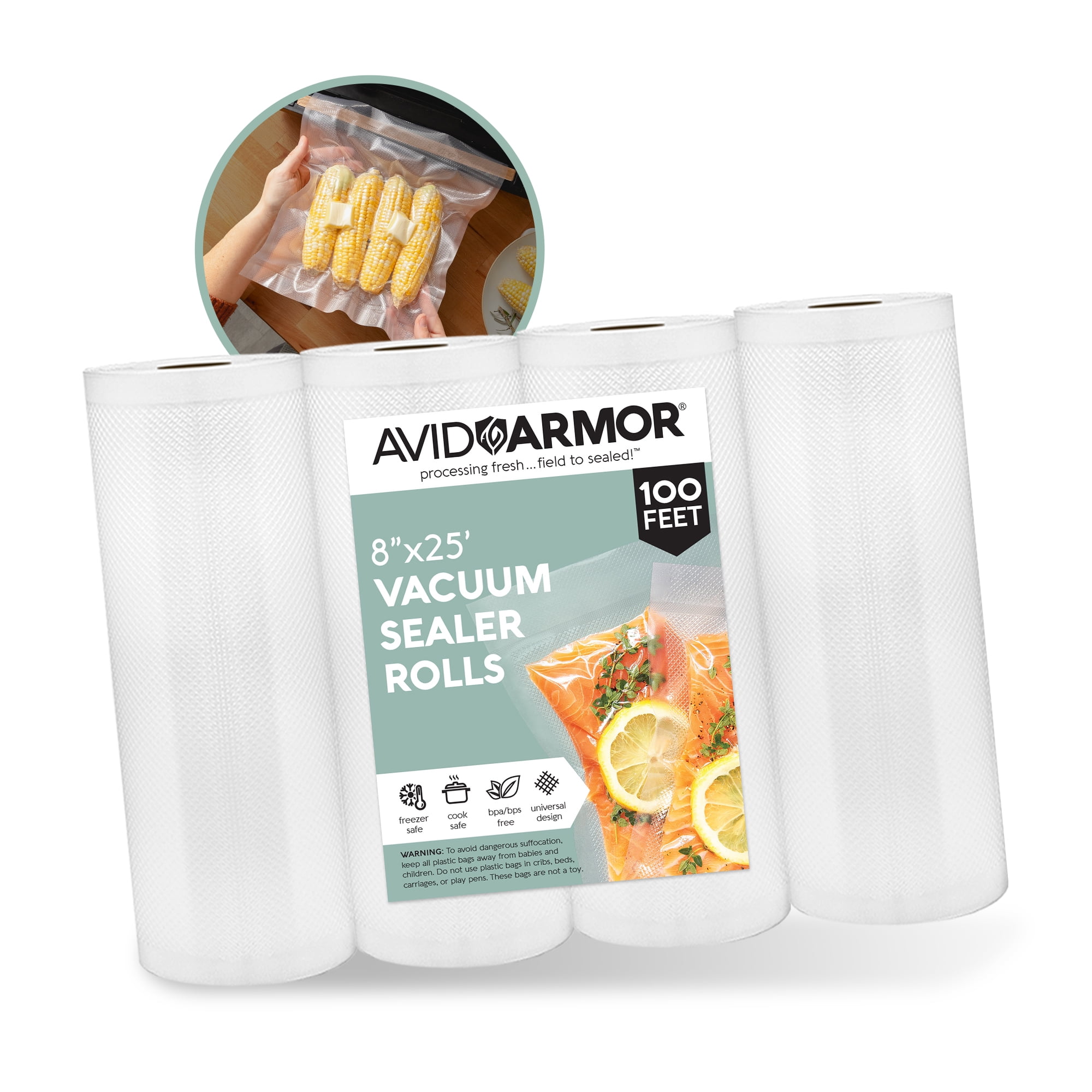 Avid Armor 8" x 25' Vacuum Sealer Bags, 4 Vacuum Seal Bags Rolls, Clear, BPA Free Food Saver