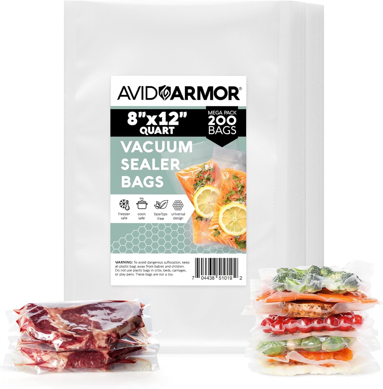 Avid Armor Vacuum Sealer Bags 8"x12" 200 Quart Vacuum Seal Bags Pre-cut Food Saver Bags