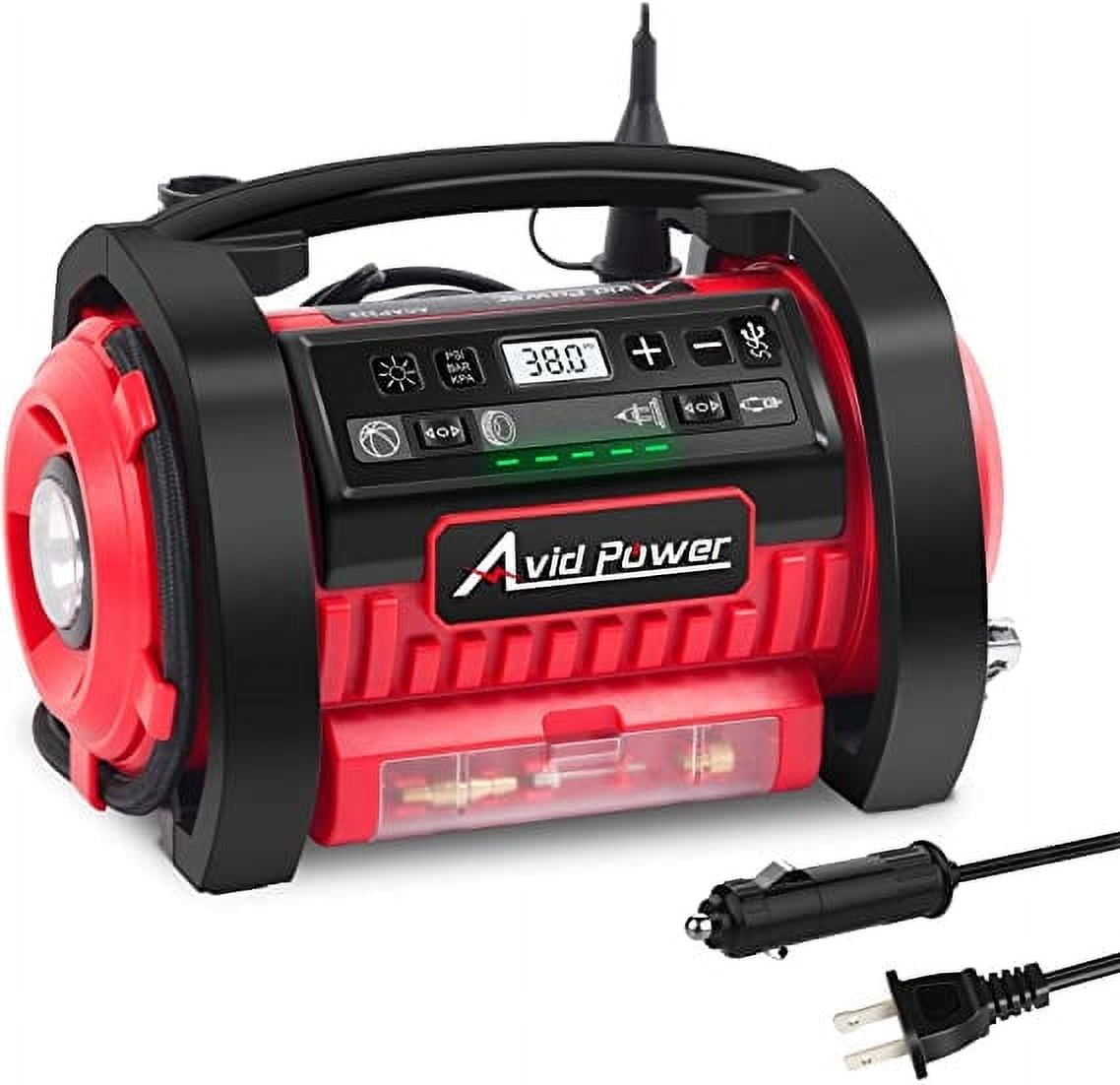 Avid Power Tire Inflator Air Compressor, 12V DC / 110V AC Dual Power Tire Pump with Inflation and Deflation Modes, Dual Powerful Motors, Digital Pressure Gauge