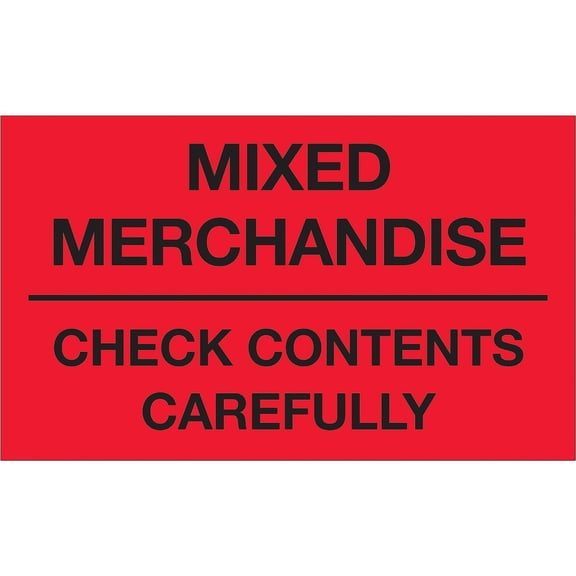 Aviditi HTYSUPPLY 3" x 5","Mixed Merchandise Check Contents Carefully" Fluorescent Red Warning Sticker, for Shipping, Handling, Packing, and Moving (1 Roll of 500 Labels)