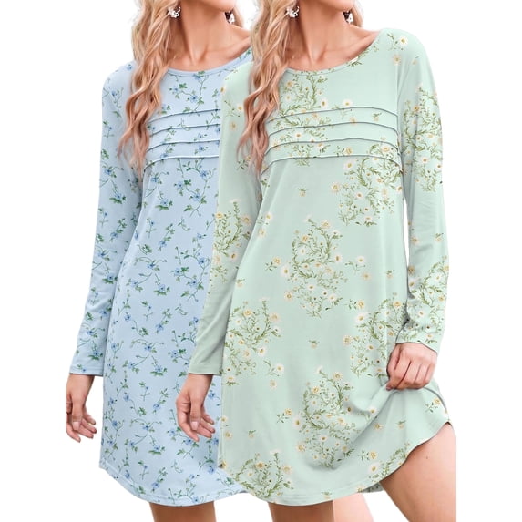KISSGAL 2 Pack Nightgowns for Women Long Sleeve Nightshirts Soft Crew Neck Pajamas Dress Sleepwear , Floral Printed, S-XXXL