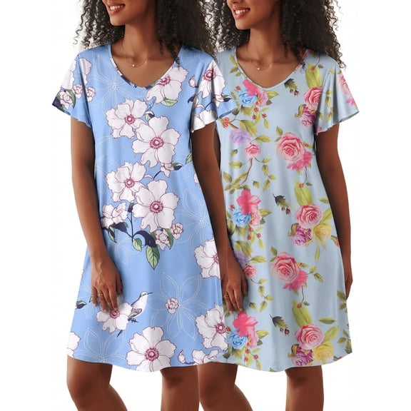 Avidlove 2 Pack Women Nightgown Sleepwear Flare Short Sleeve Sleepshirts V Neck Sleepdress Causal Pajama Dress S-XXL