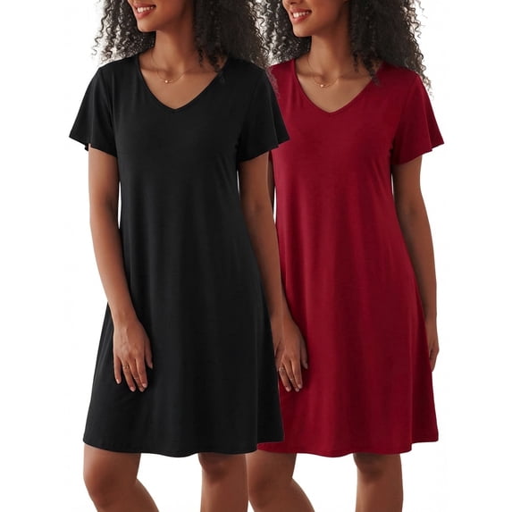 Avidlove 2 Pack Women Nightgown Sleepwear Flare Short Sleeve Sleepshirts V Neck Sleepdress Causal Pajama Dress S-XXL