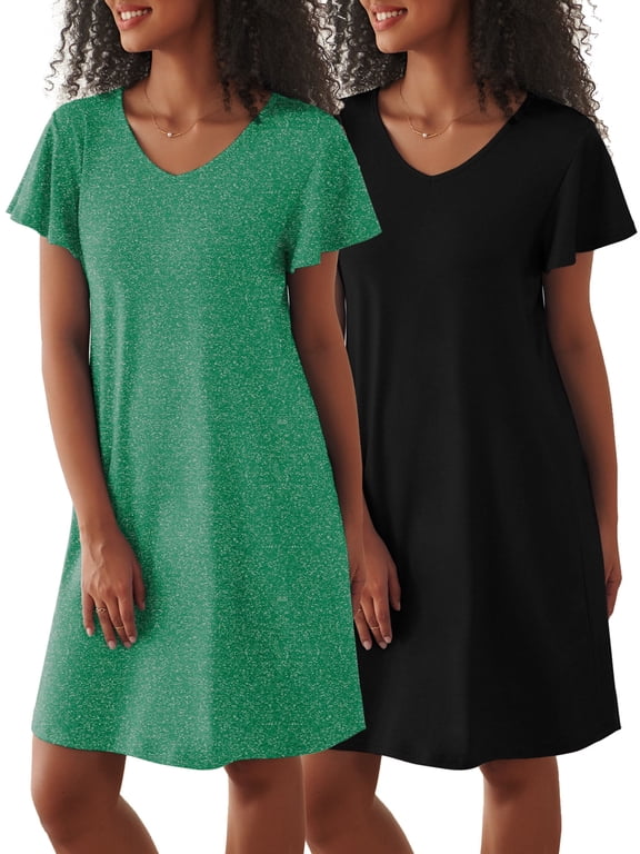2 Pack Women Nightgown Sleepwear Flare Short Sleeve Sleepshirts Veck Sleepdress Causal Pajama Dress S-XXL