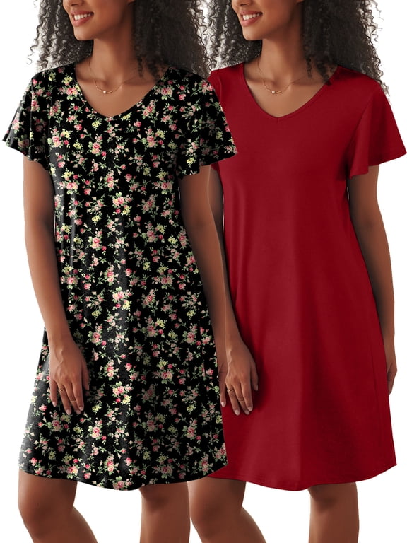 2 Pack Women Nightgown Sleepwear Flare Short Sleeve Sleepshirts Veck Sleepdress Causal Pajama Dress S-XXL
