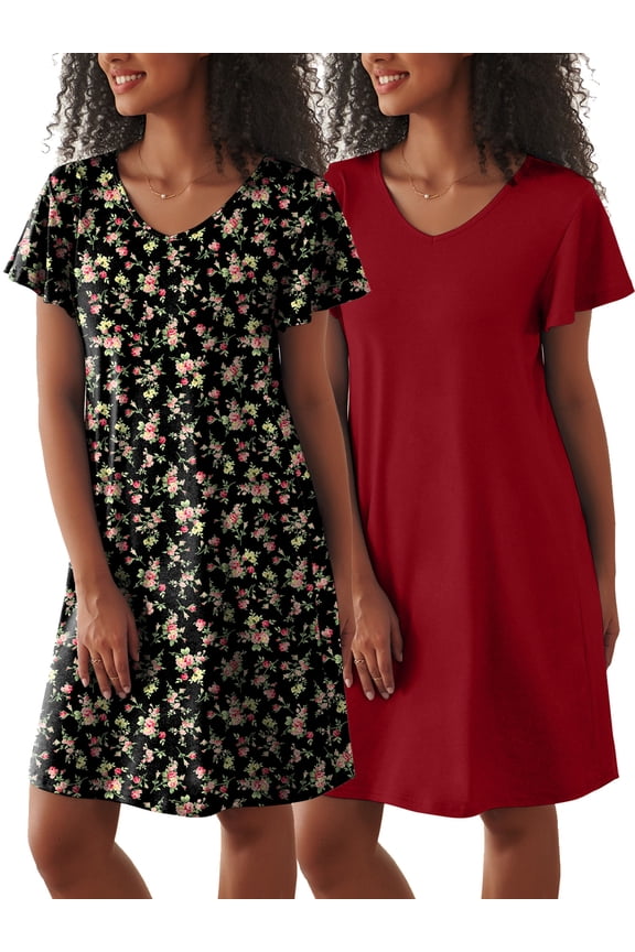 2 Pack Women Nightgown Sleepwear Flare Short Sleeve Sleepshirts Veck Sleepdress Causal Pajama Dress S-XXL