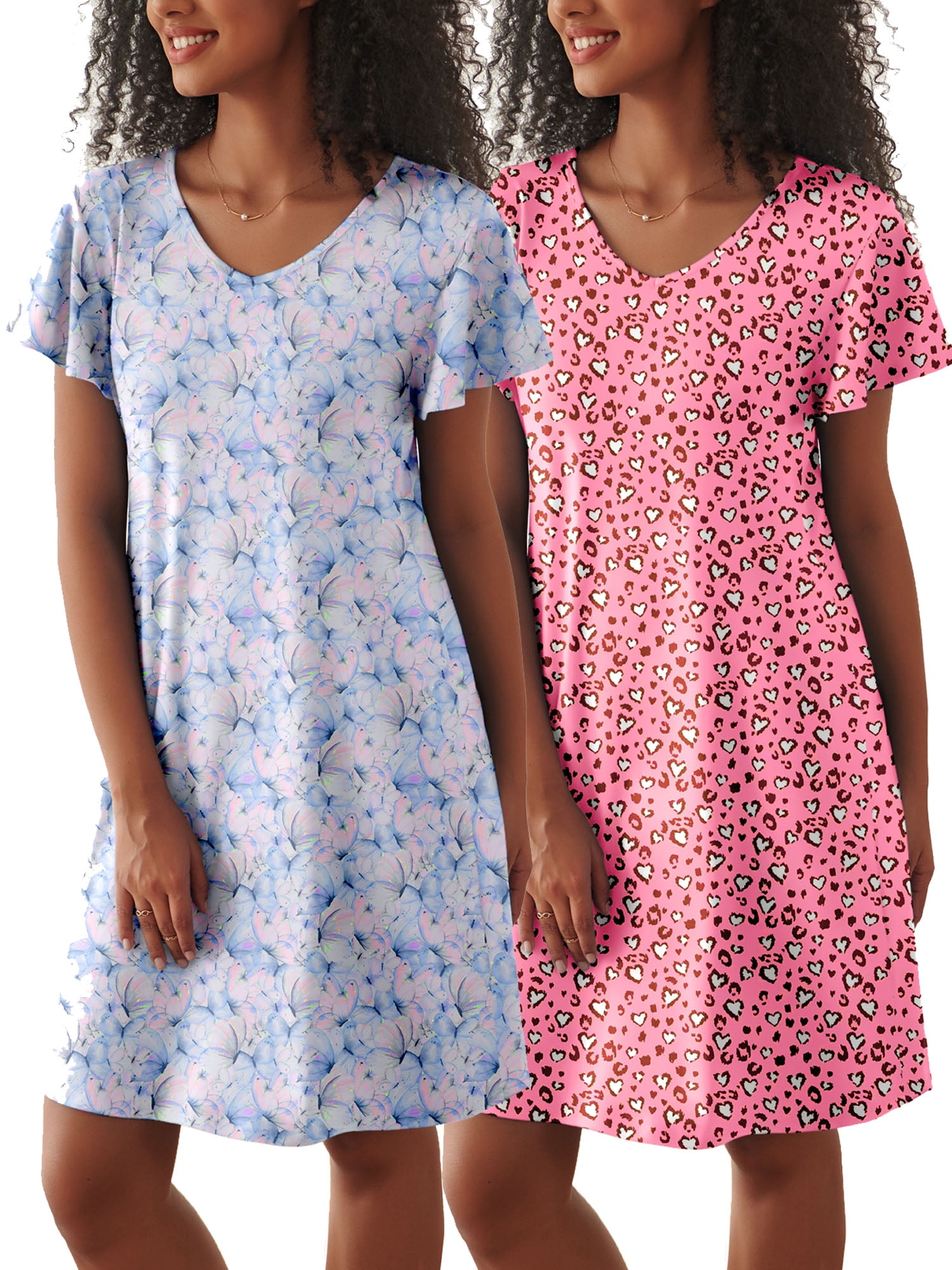 2 Pack Women Nightgown Sleepwear Flare Short Sleeve Sleepshirts Veck Sleepdress Causal Pajama Dress S-XXL