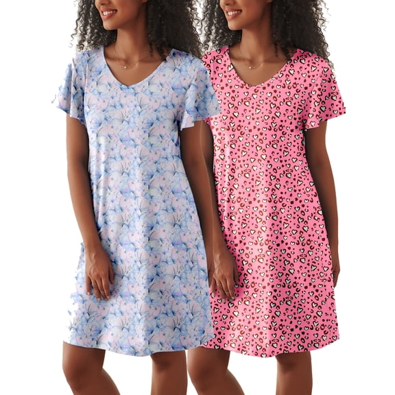 Avidlove 2 Pack Women Nightgown Sleepwear Flare Short Sleeve Sleepshirts Veck Sleepdress Causal Pajama Dress S-XXL