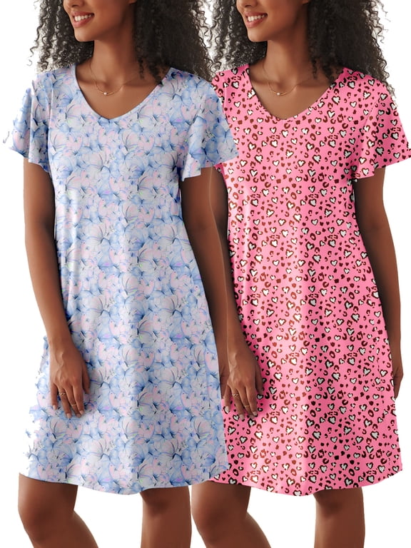 2 Pack Women Nightgown Sleepwear Flare Short Sleeve Sleepshirts Veck Sleepdress Causal Pajama Dress S-XXL