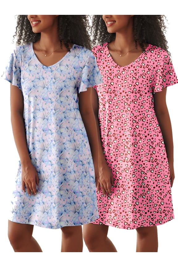 2 Pack Women Nightgown Sleepwear Flare Short Sleeve Sleepshirts Veck Sleepdress Causal Pajama Dress S-XXL